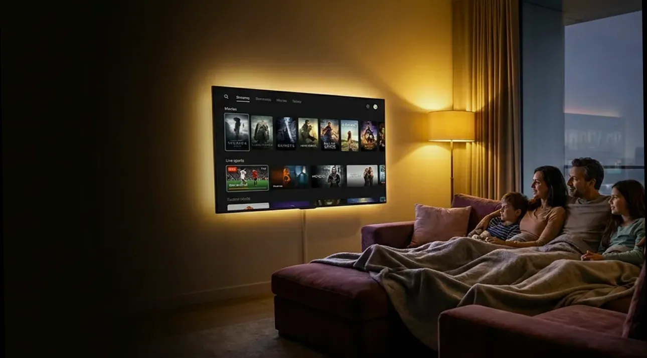 A household watching a large screen together in a modern living room at night